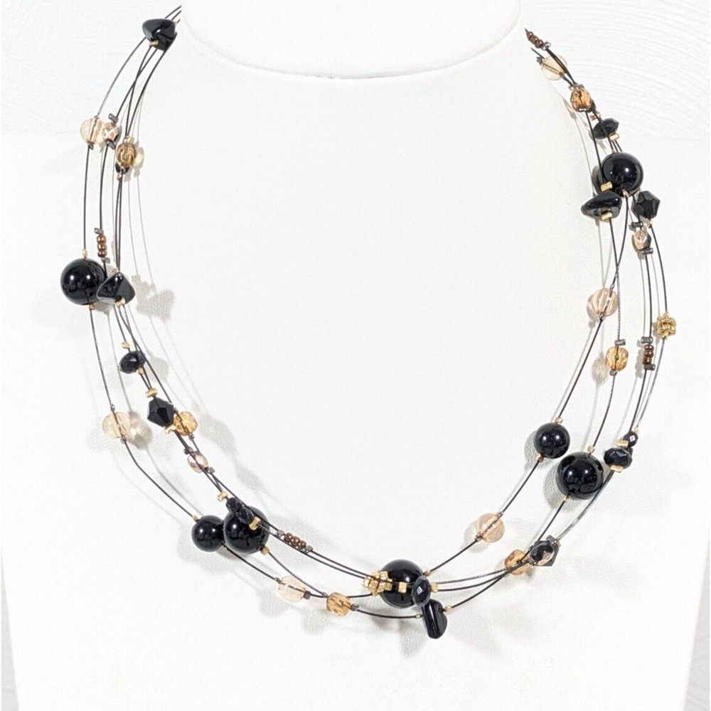 NYC New York & Co Black‎ Station Bead Multi Strand Gold Tone Necklace 18"